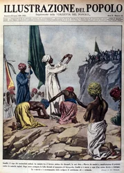 Demonstration anført af den politiske leder Mohandas Karamchand Gandhi (1869-1948) i protest mod de engelske myndigheder, med en ceremoni under den såkaldte Martyrmarch mod Jalaipur. Illustration fra "L
