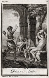 Diane og Acteon (Diana og Actaeon) Diane overraskede i badet af jægeren Acteon. Stik fra 1819 i "Lettres a Emilie sur la mythologie" af Charles Albert Demoustier (1760-1801). Privat samling.