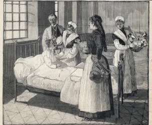 Uddeling af legetøj til offentlige forsorgsbørn nytårsdag. Indgravering i "" Le Petro Parisien"" den 8/01/1893. Privat samling