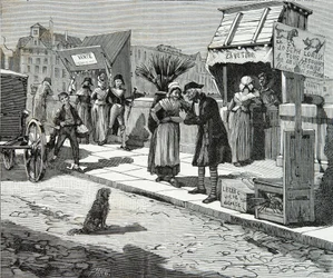 Hundetrimmere på broen ni i Paris omkring 1796, gravering, privat samling