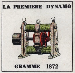 Dynamo: den første dynamo opfundet af Zenobe Theophile Gram (1826-1901) i 1872. Anonym illustration fra 1925. Privat samling.