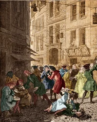 Økonomisk system: den spekulative boble på tidspunktet for lovsystemet, agiotorerne i rue Quincampoix - Paris IV. ardt. Quincampoix Street var på tidspunktet for John Laws system (1671 - 1729). "" Agagiotage ved Quincampoix Street (konkurs forårsaget