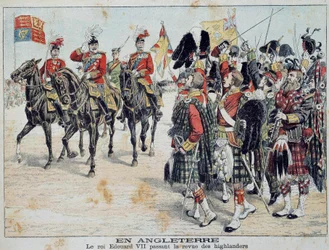 Edward VII (1841-1910) Kongen af England anmelder Scottish Highlanders Illustration fra det berømte supplement til "Little Diary" 1905 Private Collection