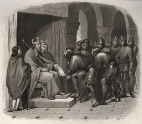 Edvard Bekenderen (en af de sidste angelsaksiske konger af England) - St. Edvard Bekendelsesfaderen (1004-1066) giver nye love til sit folk. Indgravering fra 1846 i ""De helliges liv"". Privat samling.