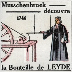 Elektriske kondensatorer: Pieter (Petrus, Pierre) van Musschenbroek (1692-1761) opdagede Leiden-flasken, forfader til kondensatoren, i 1746. Anonym illustration fra 1925. Privat samling.