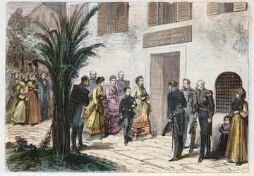 Kejserinde Eugenia og prins kejserlige Louis Napoleon besøger huset, hvor Napoleon I blev født, i Ajaccio, Korsika, Frankrig 1869 - rejse for den kejserlige og kejserlige prins - besøg i Napoleon I
