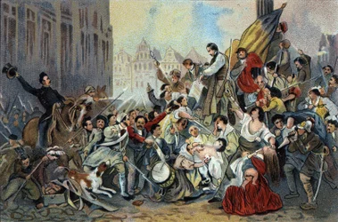 Episode af revolutionen i 1830 foran Bruxelles Rådhus. Reklamekromolitografi af Antoine-chokolader i Bruxelles, begyndelsen af det 20. århundrede. Privat samling