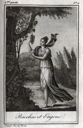 Erigo og Bacchus, Indgravering af 1819 i "Letters to Emily on Mythology" af Charles Albert Demoustier (1760-1801). Privat samling.