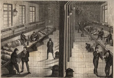 Flugt af tre fanger i værelset Saint Gilles i bagne de Rochefort den 28. december 1840. Indgravering i "Historien om bagnes siden deres skabelse til i dag"" (1877) af Pierre Zaccone (1817-1895) (Colonia Penale - Straffekoloni). Privat samling.