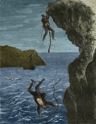 Flugt af to styrker fra fængslet i Belle-Ile-en-Mer (smuk ø til søs) i det 19. århundrede. Indgravering i "Fangernes historie fra deres skabelse til i dag"" (1877) af Pierre Zaccone (1817-1895) (Colonia Penale - Straffekoloni). Privat samling