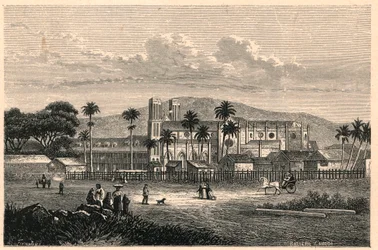 Udvendig udsigt over katedralen i Port of Spain i Trinidad og Tobago, Trinidad og Tobago. Indgravering i "The Catholic Missions in the Nineteenth Century" af Louis-Eugene (Louis Eugene) Louvet. privat samling.