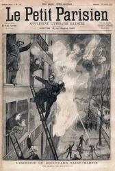 Brandmand fra Paris: redningsscene under branden på Boulevard Saint-Martin. Stik i "" Le petit Parisien"" fra 1891. Privat samling.