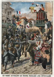 Første Verdenskrig 1914-1918 (14-18): Serbere tog imod franske tropper med entusiasme. Indgravering i "" Le Petité Journal"", den 24/10/1915. Privat samling.