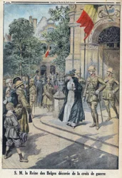 Første Verdenskrig 1914-1918 (Krig 14-18). Hendes Majestæt Belgiernes Dronning Elisabeth de Baviere (1876-1965) blev tildelt krigskorset. I "Le Petite Journal"