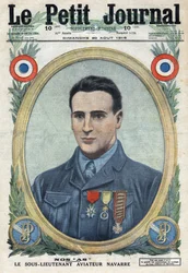 Første Verdenskrig 1914-1918 (Krig 14-18). Portræt af Jean Navarre (1895-1919), flyver fra den franske hær. I "" Le Petité Journal"