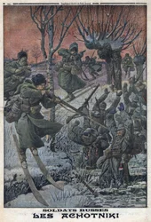 Første Verdenskrig 1914-1918 (Krig 14-18). Russiske soldater Ahotniki på ski skyder tyske soldater. I "" Le Petite Journal"", den 23/01/1916. Privat samling