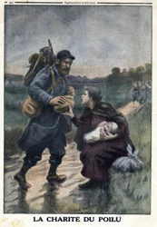 Første Verdenskrig 1914-1918 (Krig 14-18). De behåredes velgørenhed: en fransk soldat på en sti stopper for at tilbyde brød til en kvinde alene med sin baby. I "" Le Petite Journal"", den 9/01/1916. Privat samling