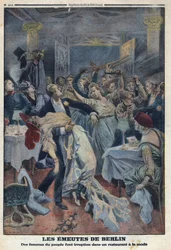 Første Verdenskrig 1914-1918 (Krig 14-18). Folkets kvinder bryder ind på en fashionabel restaurant og kræver deres mænds tilbagevenden. I "" Le Petite Journal"", den 16/01/1916. Privat samling
