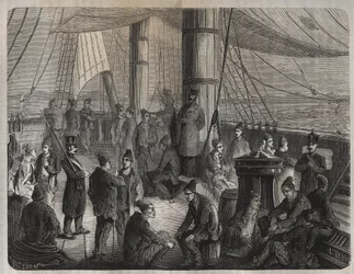 Første konvoj af styrker fra Toulon til Cayenne (Guyana) i henhold til dekretet af 8. december 1851. Indgravering i "Historien om fangerne fra deres skabelse til i dag" (1877) af Pierre Zaccone (1817-1895) (Colonia Penale - Penal) koloni). Privat samling.