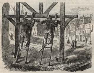 Forcats tømrere ved Toulon Bagne i det 19. århundrede. Indgravering i "Fangernes historie fra deres skabelse til i dag"" (1877) af Pierre Zaccone (1817-1895) (Colonia Penale - Straffekoloni). Privat samling.