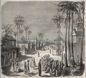 Forkatte, der går på arbejde på fængsel Saint-Laurent (Saint-Laurent) i Cayenne (Fransk Guyana) i det 19. århundrede. Indgravering i "Historien om fængslerne fra deres skabelse til i dag"" (1877) af Pierre Zaccone (1817-1895) (Colonia Penale - Straffekolon