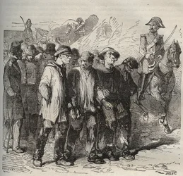 Fanger i march ved bagne de Rochefort i det 19. århundrede. Indgravering i "Fangernes historie fra deres skabelse til i dag"" (1877) af Pierre Zaccone (1817-1895) (Colonia Penale - Straffekoloni). Privat samling.