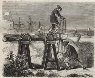 Forcats saweurs af fængselsanstalten Saint-Laurent (Saint-Laurent) i Cayenne (Fransk Guyana) i det 19. århundrede. Indgravering i "Fangernes historie fra deres skabelse til i dag"" (1877) af Pierre Zaccone (1817-1895) (Colonia Penale - Straffekoloni). Priv