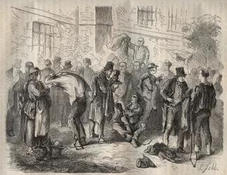 Forkatte, der sælger deres ejendele, før de gik ind i Toulon Bagne i det 19. århundrede. Indgravering i "Fangernes historie fra deres skabelse til i dag"" (1877) af Pierre Zaccone (1817-1895) (Colonia Penale - Straffekoloni). Privat samling.