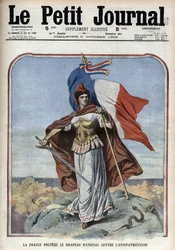 Frankrig (Marianne) beskytter nationalflaget mod antipatriotisme - »Le Petit Journal« fra oktober 1909