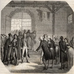 Franske revolution - Hebertisterne - Les Hebertistes à la Concierge i Paris den 23. marts 1794 - - Indgravering i "Histoire des Girondins" af Alphonse de Lamartine (1790-1869) 1865-1866 - Privat samling