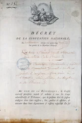 Den Franske Revolution: Konventets dekret af 11/12/1792, som beordrer Nationalgarden til at føre kong Ludvig XVI fra Temple-fængslet til retten. Paris. Politipræfekturet