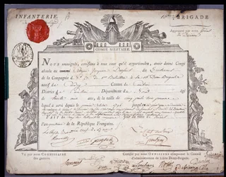 Den Franske Revolution: officielt dokument af militær conge dateret 5 Prairial år IV (24/05/1796) af en løjtnant fra brigaden i distriktet Cambrai. Nord Lilles afdelingsarkiv