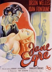 Fransk filmplakat for filmen "" Jane Eyre"" skrevet af Charlotte Bronte og instrueret af Robert Stevenson i 1944 med skuespillerne Orson Welles som Edward Rochester og Joan Fontaine som Jane. Privat samling.