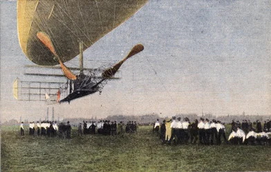 Fra Compiegne til London med luftskib: landing af Bayard-Clement (Bayard Clement) til Wormwood Scrubbs. Gravering. En af avisen "" Le petit parisien"" den 30/10/1910. Privat samling.