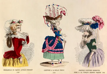 Fra venstre mod højre: Deshabille du matin kaldet Pierrot i 1787; Frisure a la Belle Choule i 1780; Hat hat og kjole en tyrkisk stor udsmykning i 1786 - privat samling