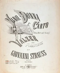 Frontispice af musikpartitur af vin, kvinder og sange af Johann Strauss