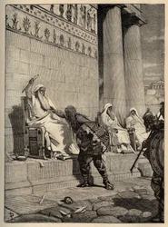 Den galliske høvding Brennus (Brennos) vender tilbage til den romerske hovedstad i 390 f.Kr. - Gallerne i Rom - Plyndringen af Rom - stik 1890