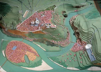Galloromaine civilisation: model af byen Lyon mellem 50 f.Kr. og 100 e.Kr. Lyon, arkæologisk museum