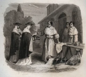 Giovanni da Fidanza kendt som Bonaventure (omkring 1217-1274) (San Bonaventura) modtog kardinalhatten. Indgravering fra 1846 i ""De helliges liv"". Privat samling.