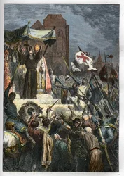 Gud ønsker det: Ved koncilet i Clermont (i dag Clermont Ferrand (Clermont-Ferrand), Auvergne) prædikede Eremitten Peter (1050-1115) det første korstog før pave Urban II