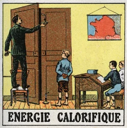 Varmeenergi: en lærer i et klasseværelse holder et stearinlys nær en åben dør. Anonym illustration fra 1925. Privat samling.