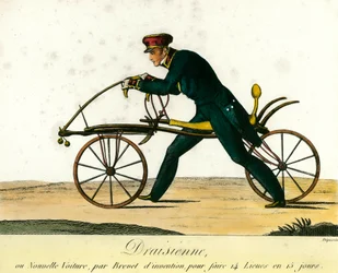 Cyklens historie: Draisienne, en meget populær ny bil omkring 1818. Indgravering fra 1818. Privat samling