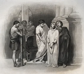 Hellig Sejr, led martyrdøden i Kartago med den hellige Saturnin, i 304. Indgravering fra 1846 i "" Helgenernes liv"". Privat samling.