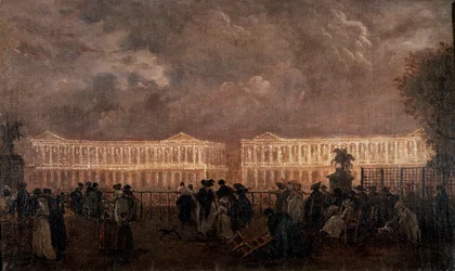 Illumination af Place Louis XV (nu Place de la Concorde) i Paris i 1782. Til venstre det nuværende Hôtel de Crillon og til højre Hôtel de la Marine (Hôtel du Garde-Meuble). Anonymt maleri