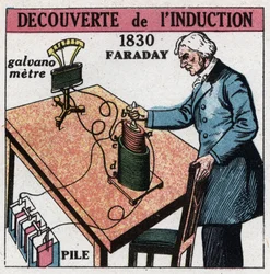Induktion: opdaget induktion af Michael Faraday (1791-1867) i 1830-1831 ved hjælp af et batteri og et galvanometer. Anonym illustration fra 1925. Privat samling.