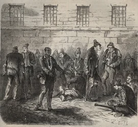 Svage kræfter ved Toulon Bagne i det 19. århundrede. Indgravering i "Fangernes historie fra deres skabelse til i dag"" (1877) af Pierre Zaccone (1817-1895) (Colonia Penale - Straffekoloni). Privat samling.