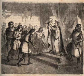 Jeanne af Flandern (1295-1374), hustru til Jean de Montfort, hertug af Bretagne (1293-1345) præsenterer sin søn, Johannes IV af Bretagne, greve af Montfort (kendt som den tapre eller erobreren