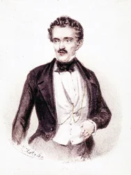 Johan Strauss Jr. (1825 - 1899), forfatter til "Beautiful Blue Donau" og "Flagermus - Mouse" i 1874. Tegning.