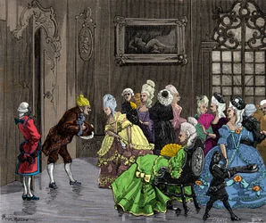 Joseph (Giuseppe) Balsamo (1743-1795), dit Alessandro Comte de Cagliostro modtaget af adelen i Versailles omkring 1750, gravering, privat samling