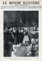 Sadi Carnots (1837-1894) rejse til Savoyen: Republikkens præsident bydes velkommen i Chambery af unge piger, der tilbyder ham en buket blomster. En avis. Stik i “Le monde illustree”” fra 1892. Privat samling.